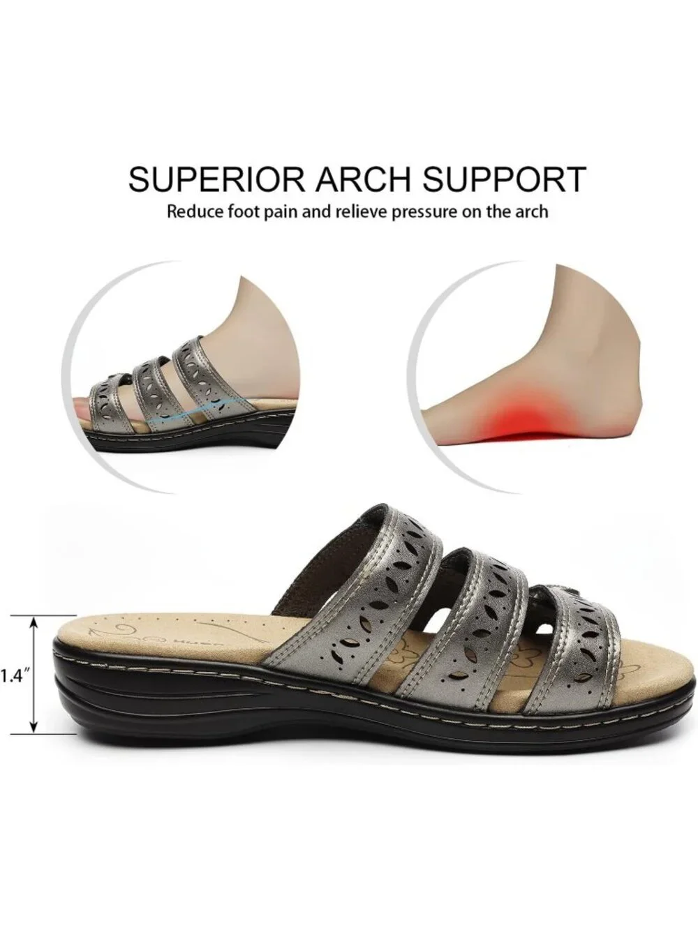 Women's Comfort Leather Slides Flat Sandals Pewter Slip On Walking Slippers - Picture 5 of 6